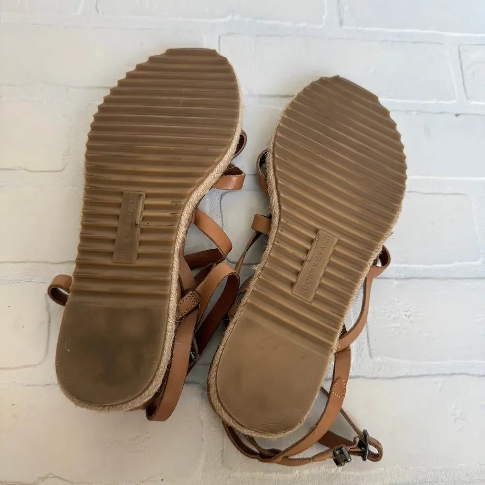 Lucky Brand Nemelli Light Tan Leather Strappy Gladiator Wedge Sandal sz 7.5